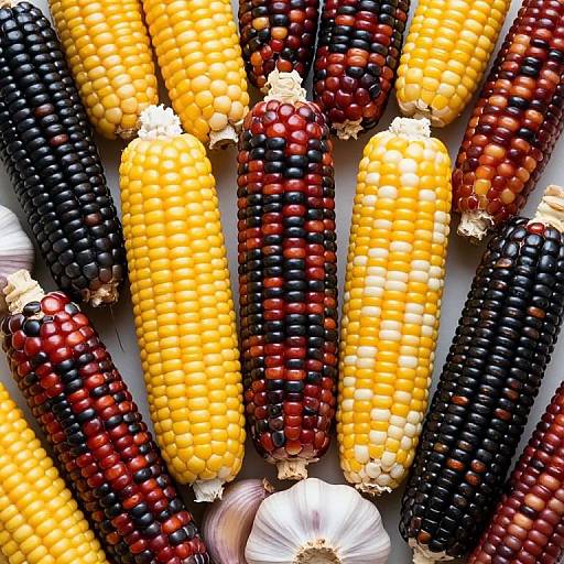 Photograph of colorful, multicolored ears of corn arranged in rows, showcasing yellow, black, red, and mixed patterns, with white garlic bulbs