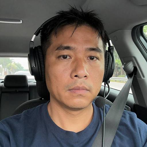 Serious Man in Car with Headset