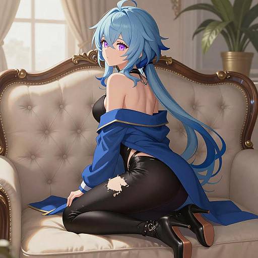 Anime Girl with Blue Hair on Couch