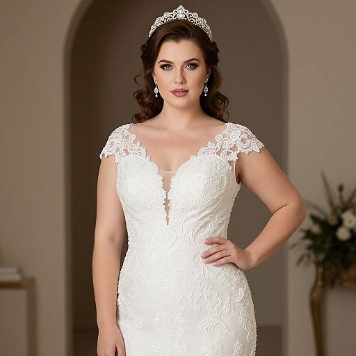 Photograph of a confident, curvy woman with fair skin and dark curly hair, wearing a white lace wedding dress and tiara, standing indoors with