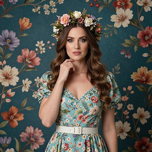 Photograph of a woman with long brown hair, floral headband, and blue floral dress, standing against a vibrant floral-patterned background.
