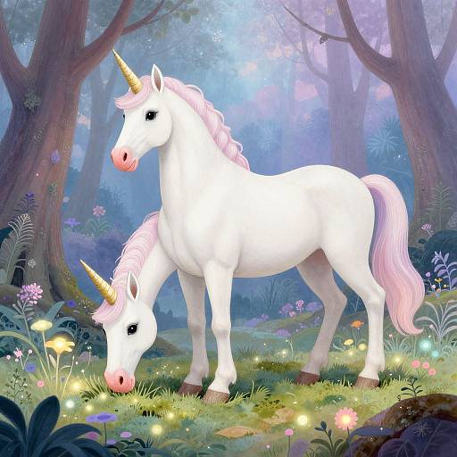 Digital illustration of a white unicorn with a pink mane and tail, standing in a magical forest, grazing on glowing mushrooms and surrounded by colorful flowers and soft