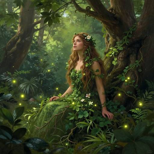 Enchanted forest scene: a fair-skinned, long-haired woman with a leaf and flower crown, dressed in green vines, sits among glowing fire