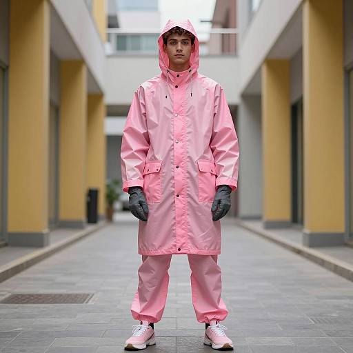 Young Man in Neon Pink Raincoat in Urban Corridor