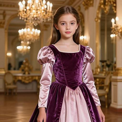 Photograph of a young girl with long brown hair in a purple velvet dress with pink satin puffed sleeves, standing in an opulent, gold-ac