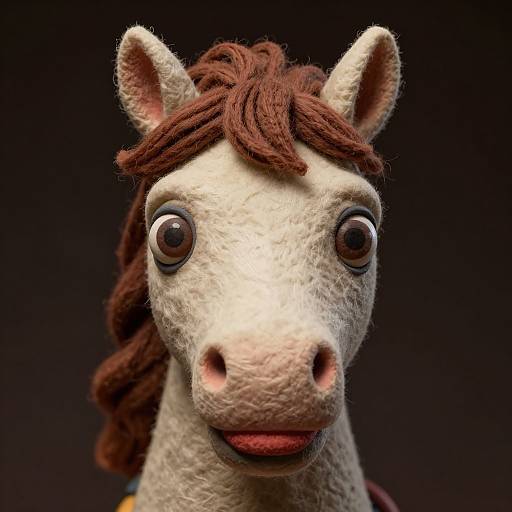 CGI close-up of a plush, white, cartoon horse with large, round eyes and brown dreadlock-like mane against a black background.