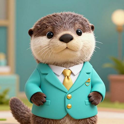 Cute CGI otter in turquoise blazer and yellow tie, standing with hands on hips, against blurred outdoor background. Adorable and formal.
