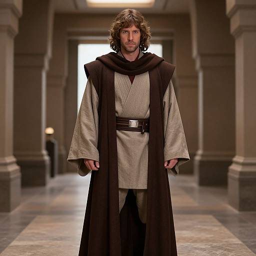 Photograph of a man with wavy brown hair, wearing a beige tunic, black belt, and dark brown cloak, standing in a dimly