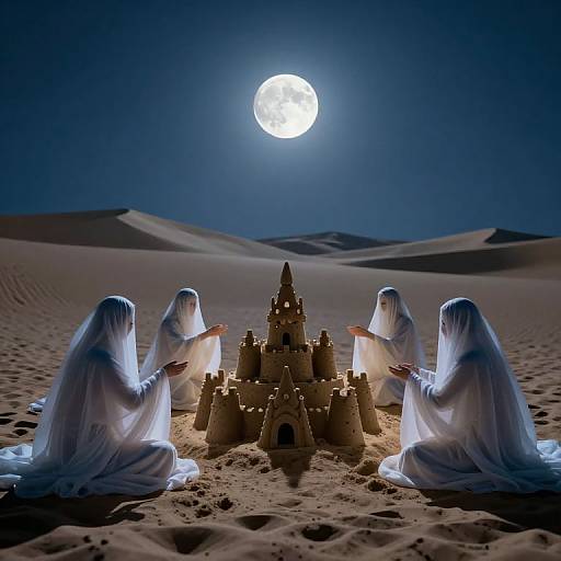 Four ghostly figures in white robes build a sandcastle under a bright full moon in a desert, illuminated by soft torchlight.