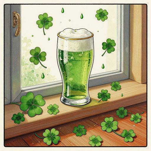 Digital illustration of a glass of green beer with foam, surrounded by floating and scattered clovers, on a wooden windowsill.