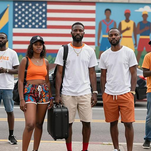 Group of African American friends standing on city street