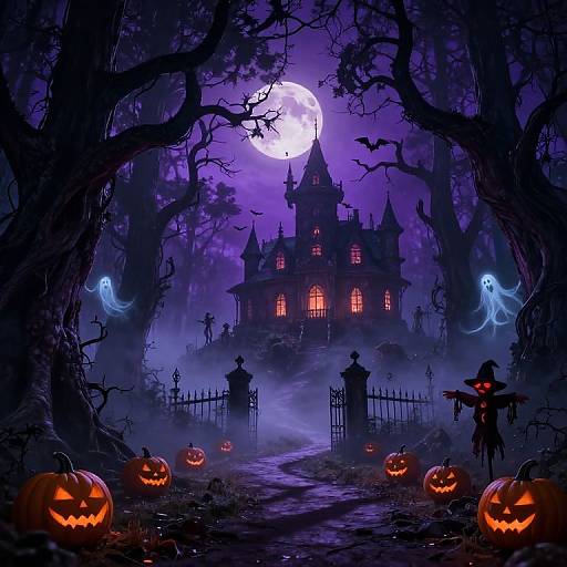 Halloween night scene: spooky haunted house with glowing windows, full moon, glowing jack-o'-lanterns, ghostly figures, and eerie mist