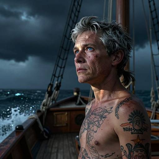 Photograph of a tattooed, shirtless man with silver hair, piercing blue eyes, and bruised face, standing on a wooden ship deck at