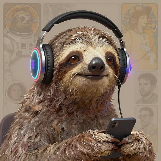 Futuristic Sloth with Headphones and Smartphone