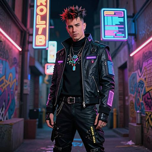 Cyberpunk photograph: Spiky-haired, white male in black leather jacket, neon-lit alley, colorful graffiti, multiple neon signs, pierc