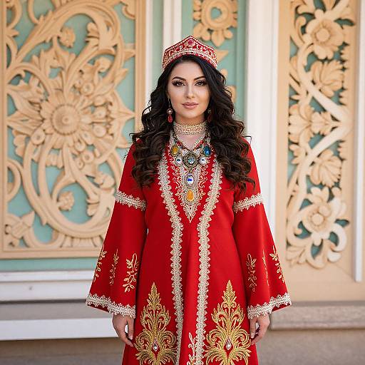 Photograph of a woman with long black hair, wearing a red ornate robe with gold embroidery, matching red headpiece, and elaborate jewelry, standing