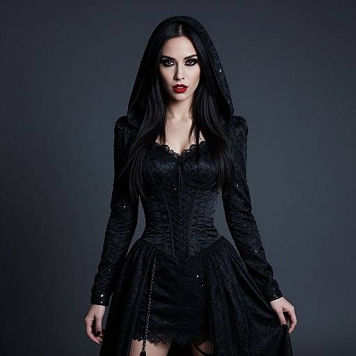 Photograph of a pale-skinned woman with long black hair, wearing a black, lace-trimmed, gothic dress, standing against a dark