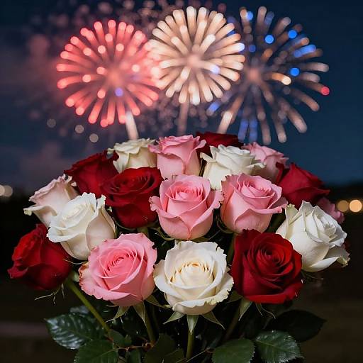 Photograph of a bouquet of red and white roses with vibrant fireworks exploding in the night sky in the background.
