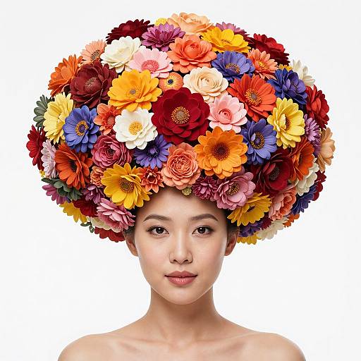 Photograph of an Asian woman with fair skin, wearing a colorful, oversized flower crown made of various vibrant blooms, against a white background.