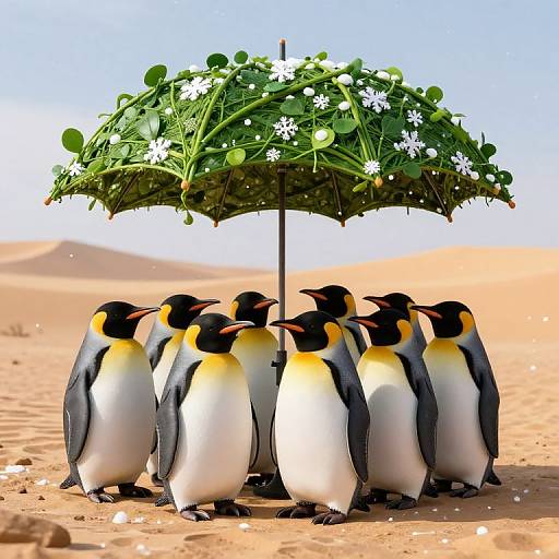 Photograph of seven penguins standing under a green floral umbrella with white flowers in a sunny, sandy desert landscape.