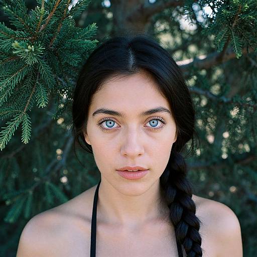 Photograph of a young woman with fair skin, blue eyes, and dark braided hair, wearing a black halter top, standing against a backdrop