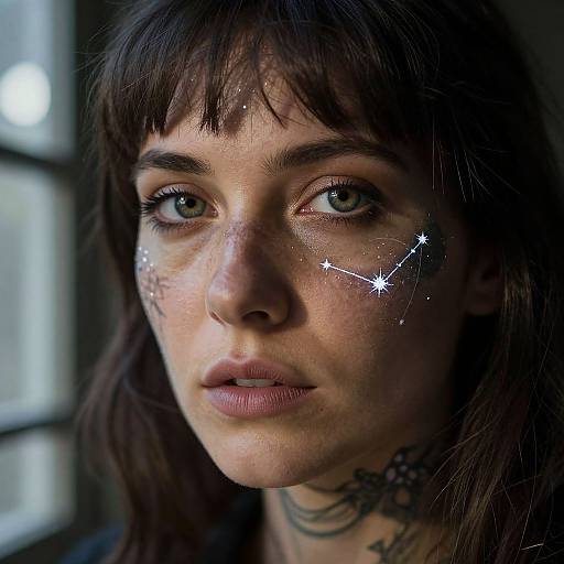 Close-up photograph of a young woman with dark brown hair, green eyes, freckles, and star constellations on her cheek. She has
