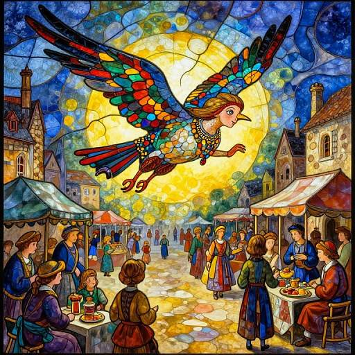 Vibrant stained-glass painting of a colorful bird with rainbow wings flying over a bustling medieval town market square. People eat, converse, and shop