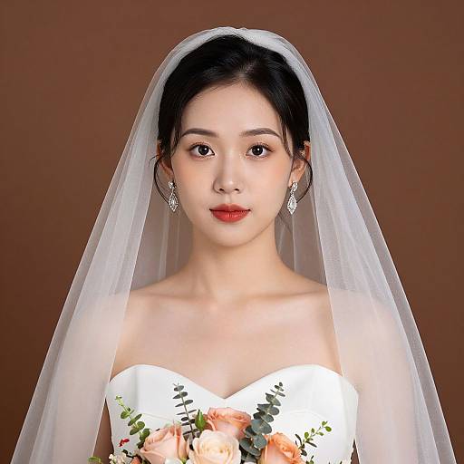 Digital portrait of an East Asian bride with fair skin, dark hair, red lipstick, white strapless dress adorned with flowers, and a sheer veil against