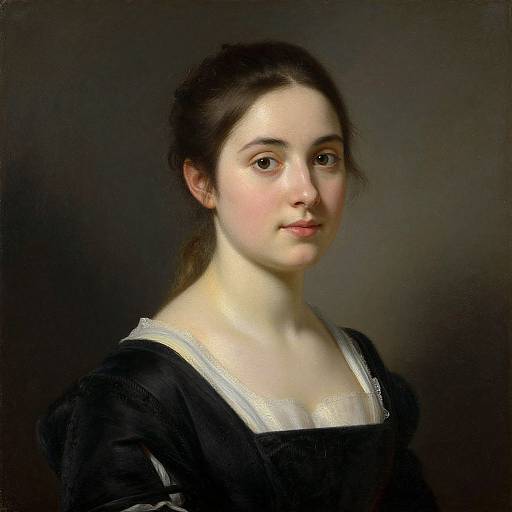 Classical portrait painting of a young woman with fair skin, brown hair in a loose ponytail, wearing a black dress with white trim, against a