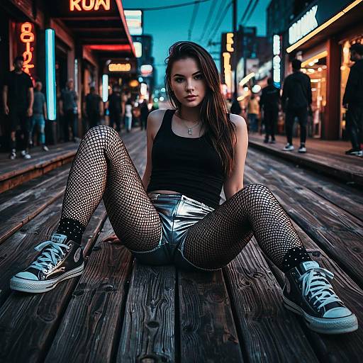 Young Woman in Metallic Shorts and Fishnet Leggings on Boardwalk