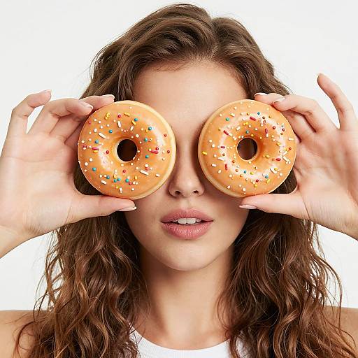 Photograph of a young woman with wavy brown hair, holding two sprinkled donuts in front of her eyes, covering them completely, against a