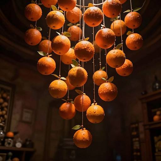 Photograph of orange fruits hanging from strings, glowing warmly against a dark, dimly lit background. Each orange has small specks and green leaves attached