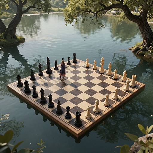 Photorealistic CGI of a floating chessboard in a serene lake with black and white chess pieces and a lone player.