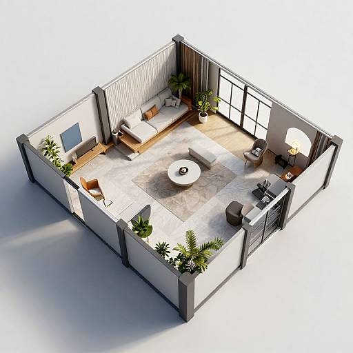 Aerial view of modern, minimalist living room: white walls, large windows, white rug, round coffee table, sofa, armchair, potted