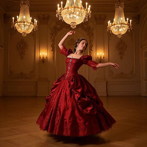 Photograph of a ballerina in a rich, red, Victorian-style gown, dancing in an ornate, dimly lit ballroom with three