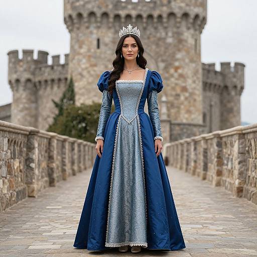 Photograph of a dark-haired woman in a blue and silver medieval princess gown with puffed sleeves, silver tiara, standing on a stone bridge with