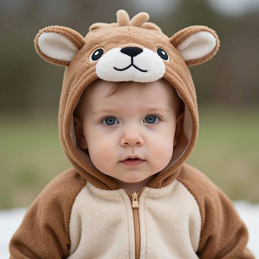 Photograph of a fair-skinned, blue-eyed baby with light brown hair, wearing a brown and cream bear-themed hooded fleece, with a cute