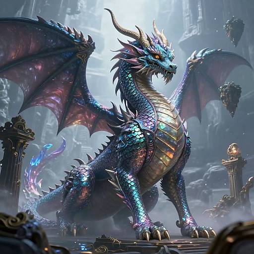 Digital art of a radiant blue and purple dragon with iridescent scales and glowing wings, standing majestically in a foggy, ancient, and