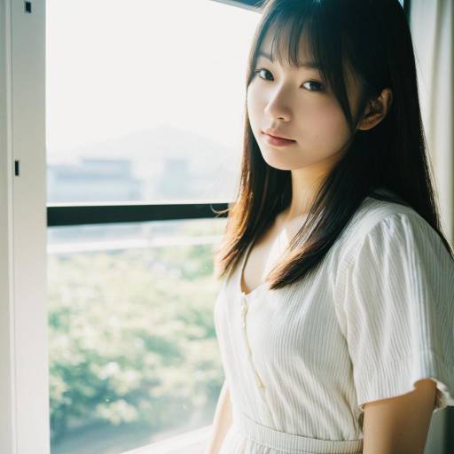 Young Japanese Woman in White Dress by Window
