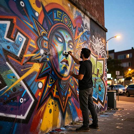 Man Painting Vibrant Urban Mural