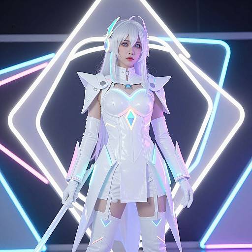 Cosplayer in white futuristic armor with glowing neon background, white hair, and blue eyes, holding a sword, standing confidently. Digital CGI.