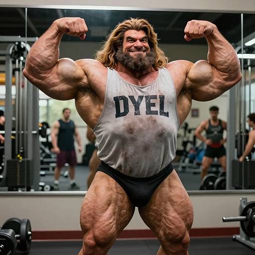 Photograph of a muscular, bearded man in a white 