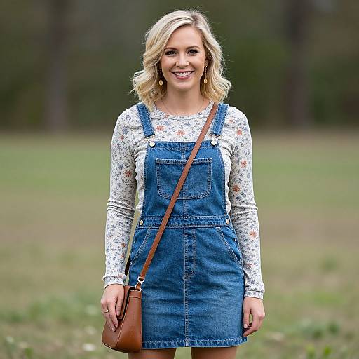 Photograph of a smiling blonde woman with wavy hair, wearing a white floral long-sleeve shirt under blue denim overalls, brown crossbody