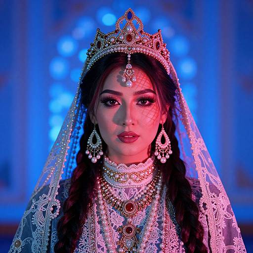 Photograph of an Asian woman with long black hair, wearing an ornate gold crown, veil, and elaborate jewelry, set against a blue-lit