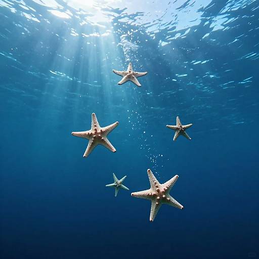 Photograph of five starfish floating underwater in a deep blue ocean, sunlight filtering from the surface above.