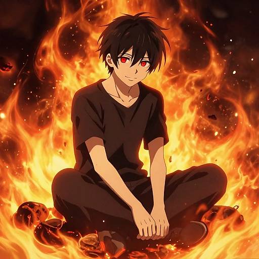 Anime-style drawing of a young man with black hair and red eyes, sitting in a black outfit amidst vibrant orange flames, with glowing embers around him
