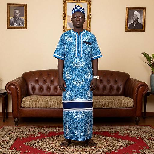 Photograph of a Black man in blue and white patterned traditional African attire, standing in front of a brown leather sofa, with two framed portraits on
