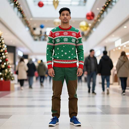 Photograph of a man in a festive green and red Christmas sweater with white snowflakes, brown pants, and blue sneakers, standing in a brightly
