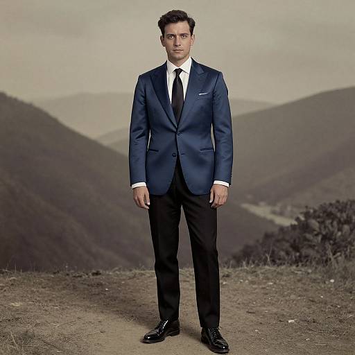 Photograph of a handsome man with short brown hair, wearing a dark blue suit, white shirt, black tie, and black shoes, standing on a