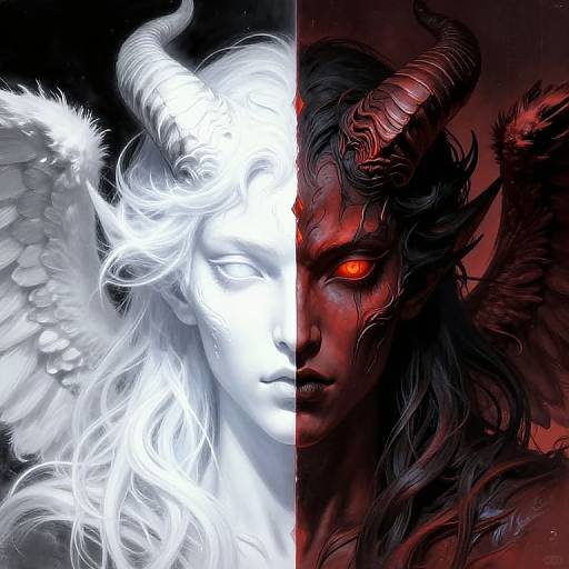 Split-image of a dual-faced demonic creature: left side white with glowing horns and wings, right side red with fiery eyes and black horns. Digital art